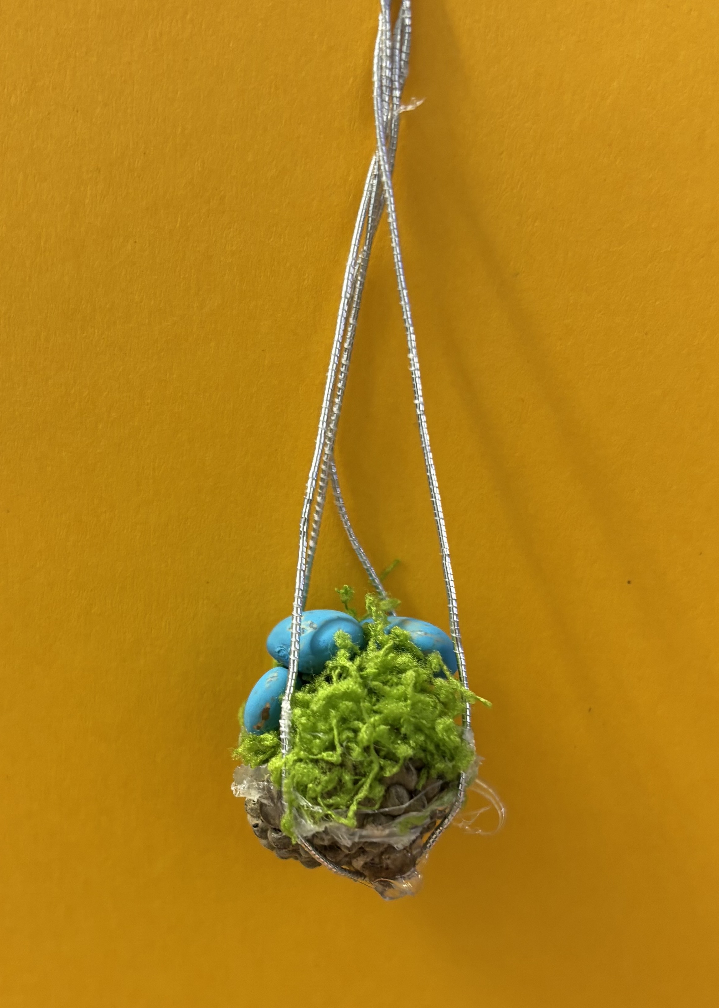 bird nest craft with acorn moss and string