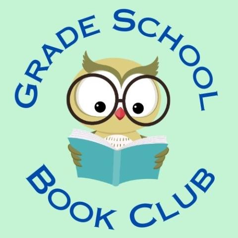 Words Grade School Book Club with image of an owl wearing glasses holding a book