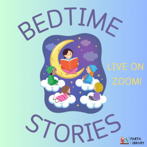 Teacher reading sitting in moon to children sitting in clouds with the words bedtime stories live on zoom.