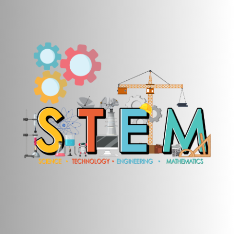 Letter STEM with Science Technology Engineering Mathematics with various stem images such as calculator and beakers.