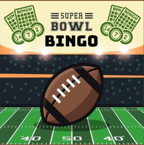 Clipart football on field with bingo boards and the words Super Bowl Bingo