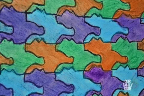 Image shows a multicolor Escher Tessellation pattern