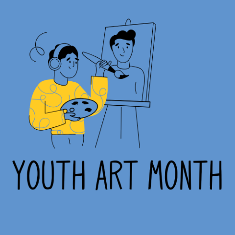 Young man painting on canvas with text "Youth Art Month"