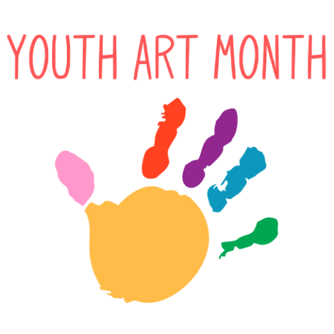 Painted child's hand with text "Youth Art Month"