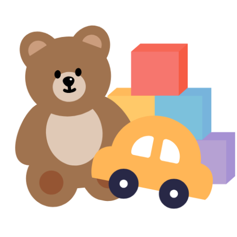 Teddy bear, toy car, and blocks