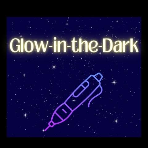 words say glow in the dark with an image of a 3D pen