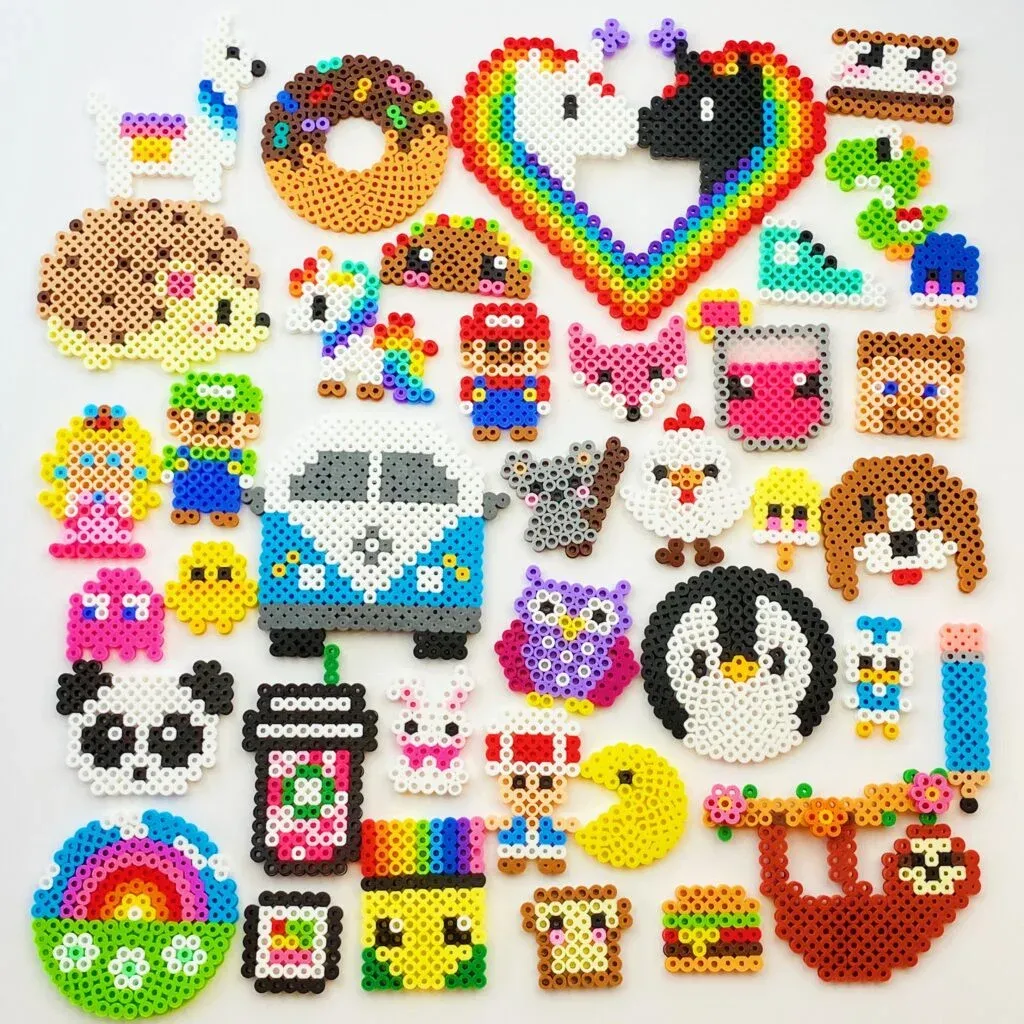 A variety of characters, animals, and things created with melting fuse beads.