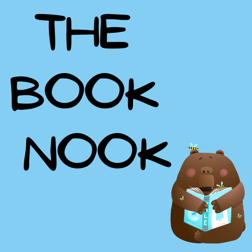 Blue background with comic bear holding a book with text "The Book Nook".